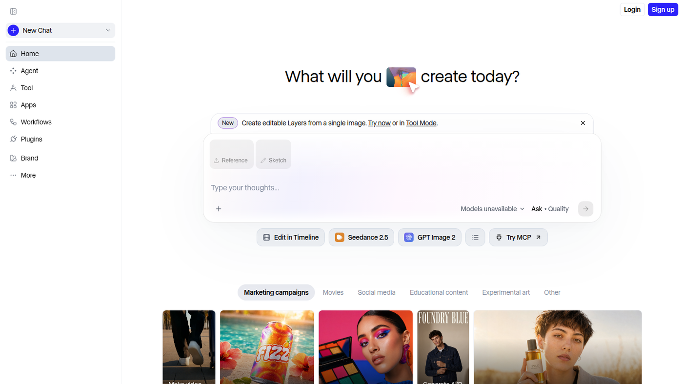 Runway signed-out composer: What will you create today? with Edit in Timeline