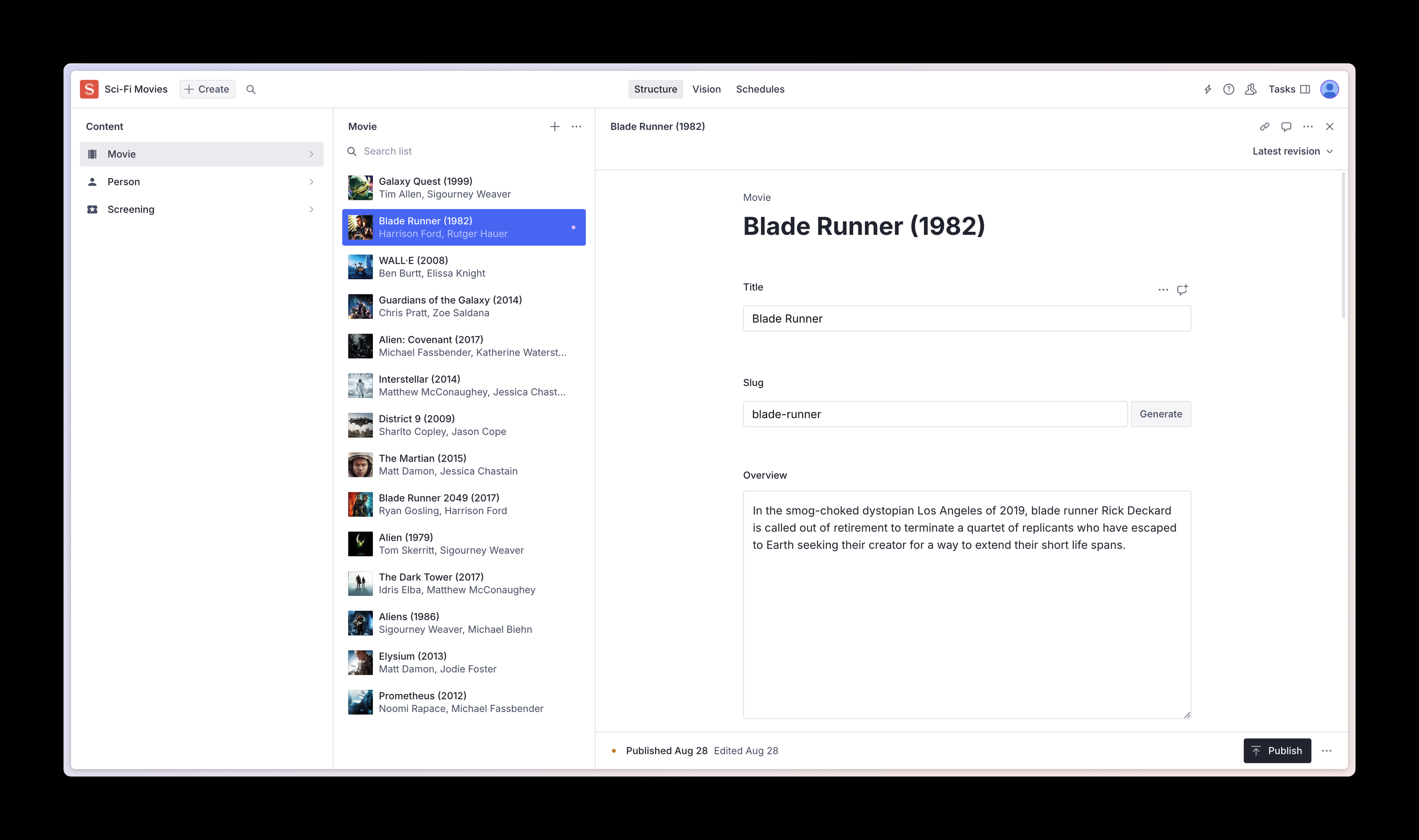Sanity Studio Sci-Fi Movies: Blade Runner 1982 open beside the movie list