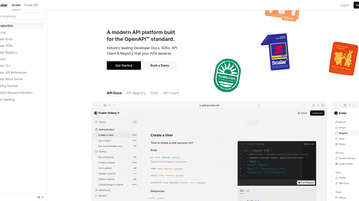 Scalar API docs and client: Create a User reference beside a live POST request