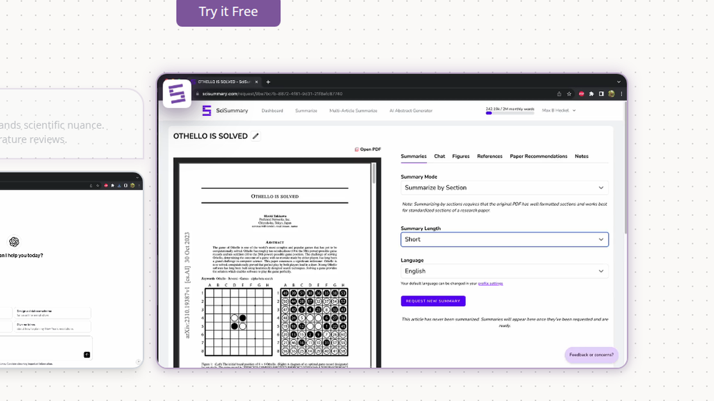 SciSummary paper workspace: PDF preview, Summarize by Section, Request new summary