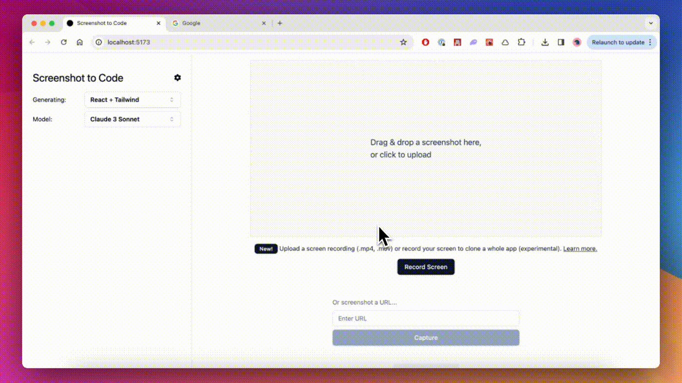 Screenshot to Code official dropzone: Drag & drop a screenshot, Record Screen, Capture URL
