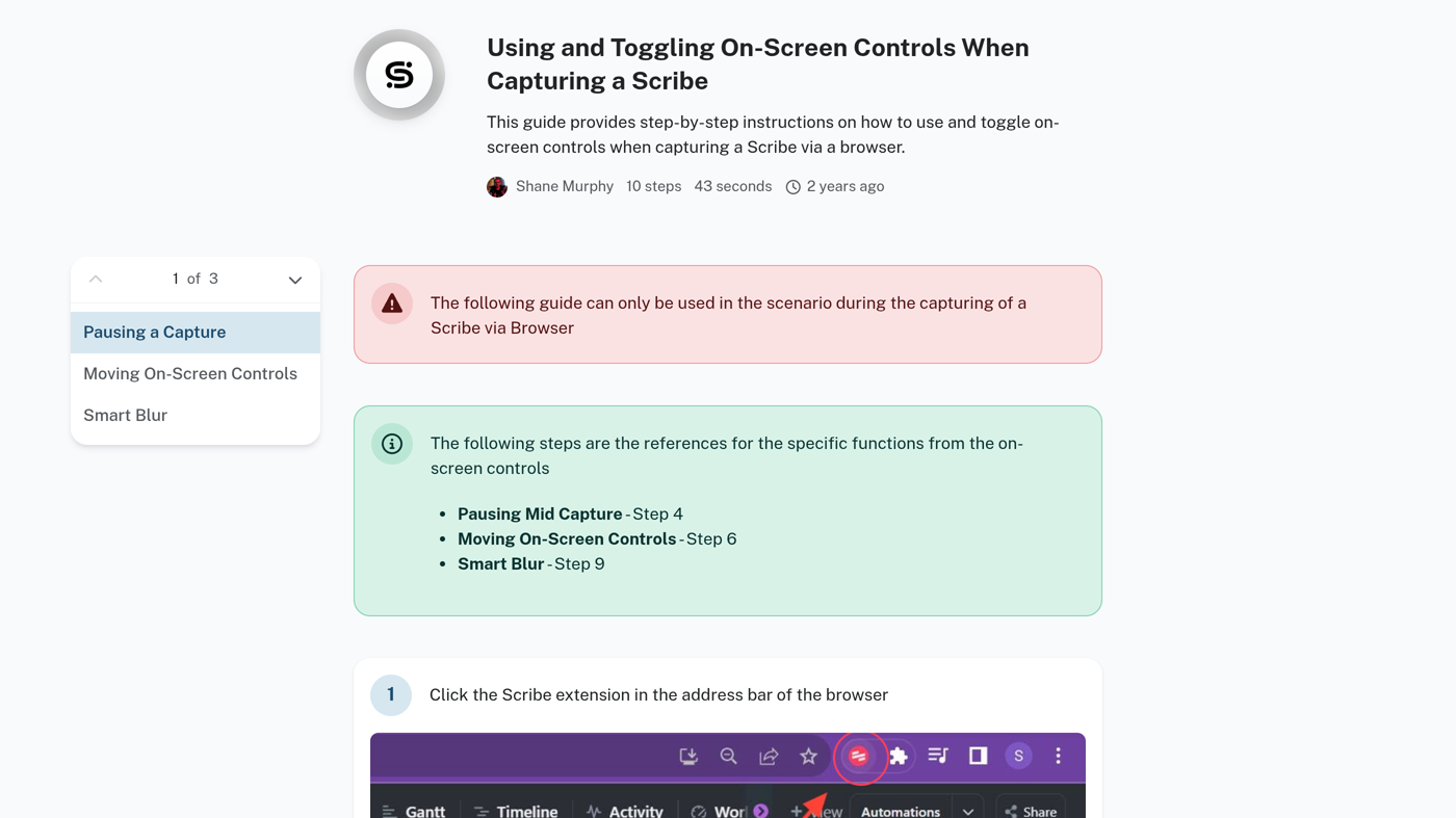 Scribe official viewer: On-Screen Controls guide with Pause, Smart Blur, and Chrome toolbar