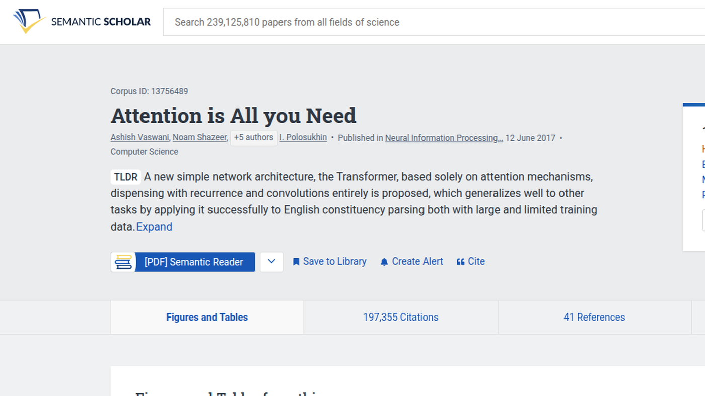Semantic Scholar paper page: Attention Is All You Need with Semantic Reader