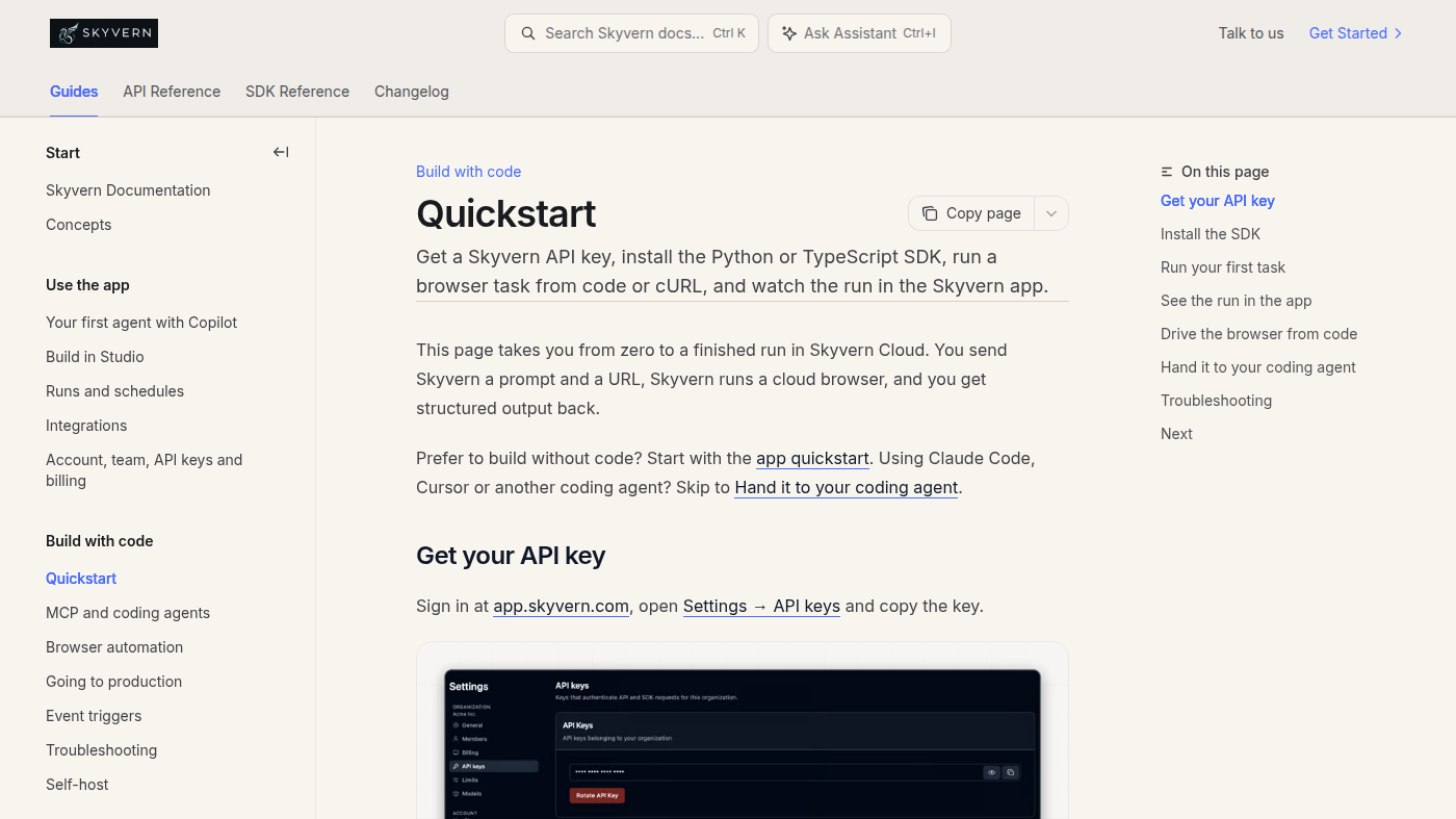 Skyvern Quickstart docs: Settings API keys table and Get your API key