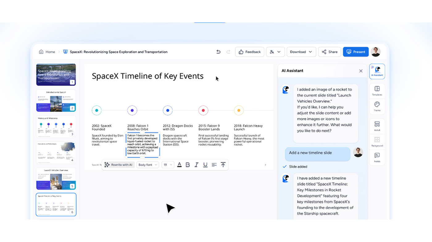 SlideSpeak editor: SpaceX timeline slide, thumbnails, and AI Assistant Charles