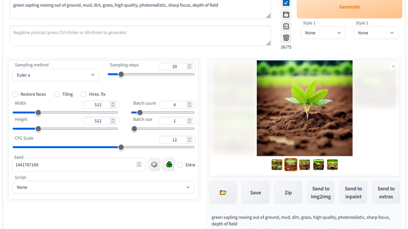 AUTOMATIC1111 txt2img: prompt, Generate, and seedling output AUTOMATIC1111 txt2img: prompt, Generate, and seedling output