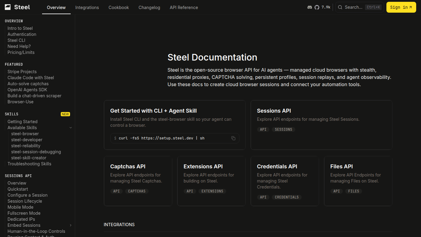 Steel docs hub: Get Started with CLI and Sessions / CAPTCHAs API cards