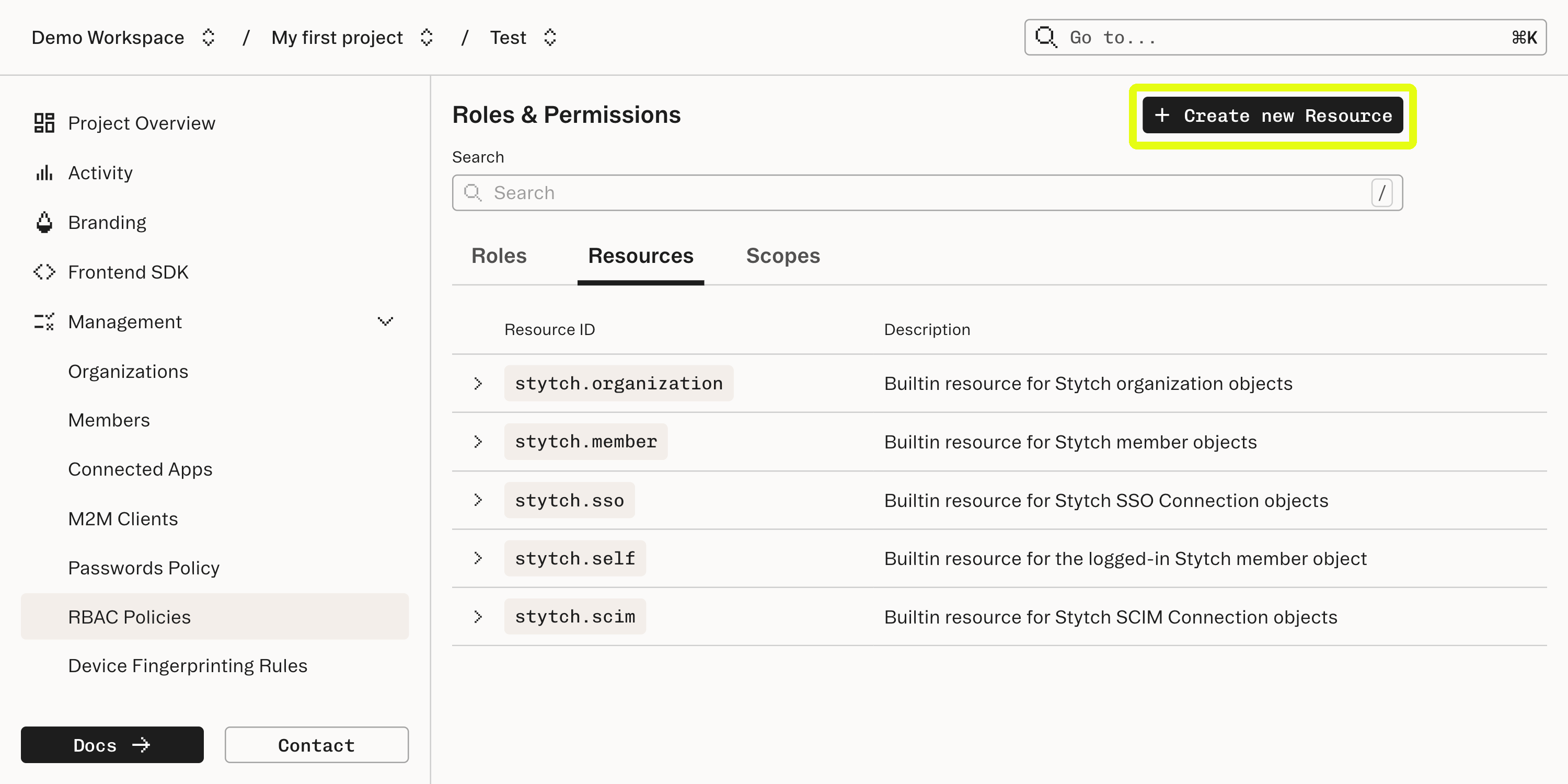 Stytch Roles and Permissions: Demo Workspace resource list