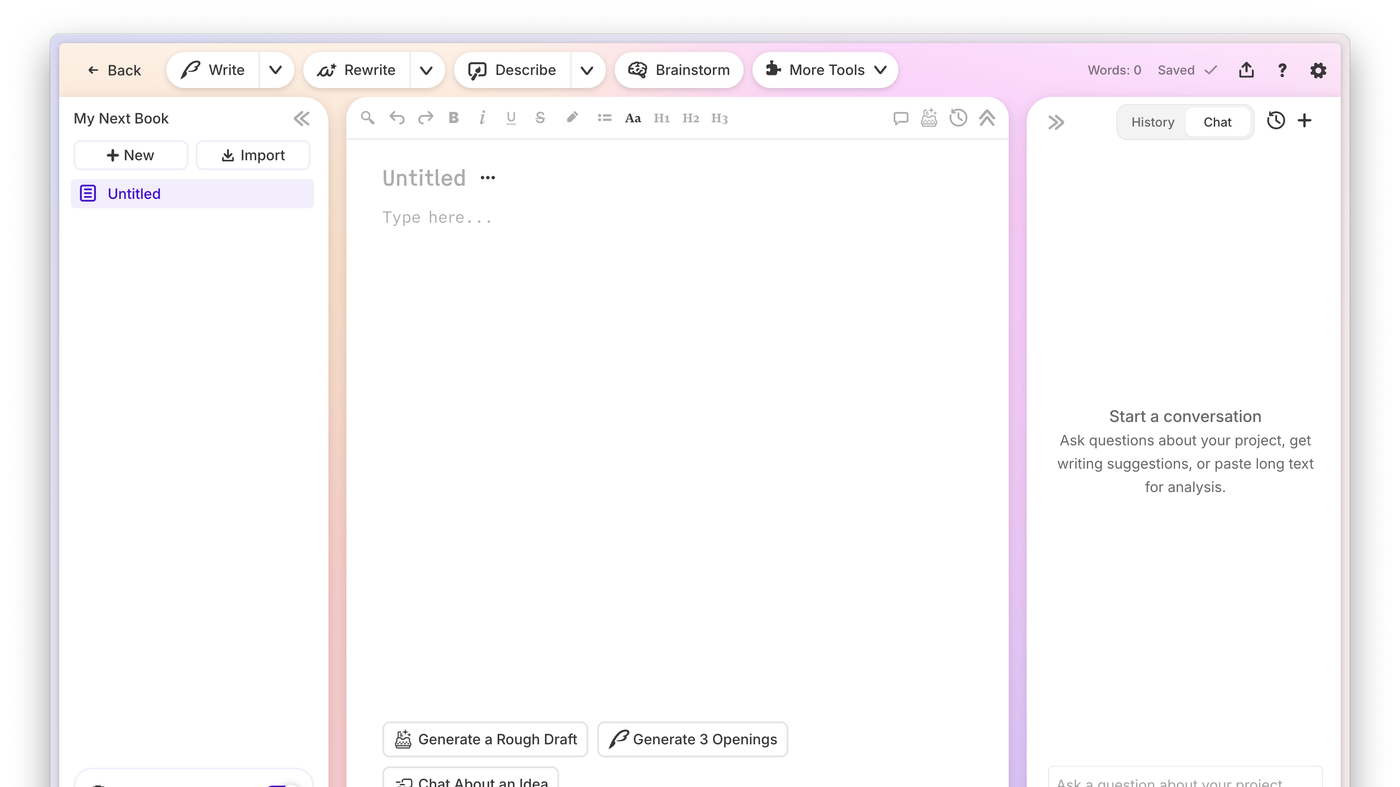 Sudowrite editor: Write, Rewrite, Describe, Story Bible, and Type here