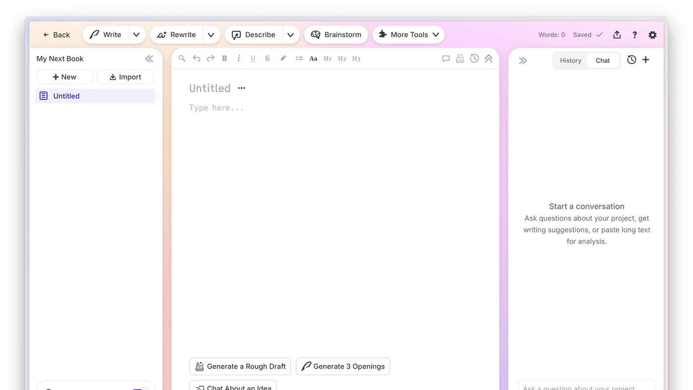 Sudowrite editor: Write, Rewrite, Describe, Story Bible, and Type here