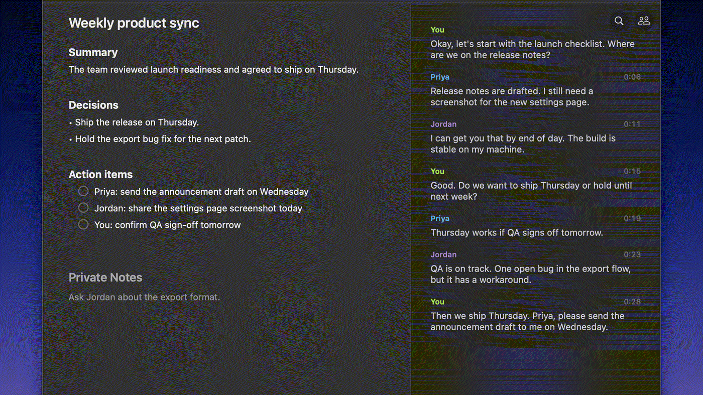 Superwhisper meeting notes: Summary, Decisions, Action items, speaker transcript
