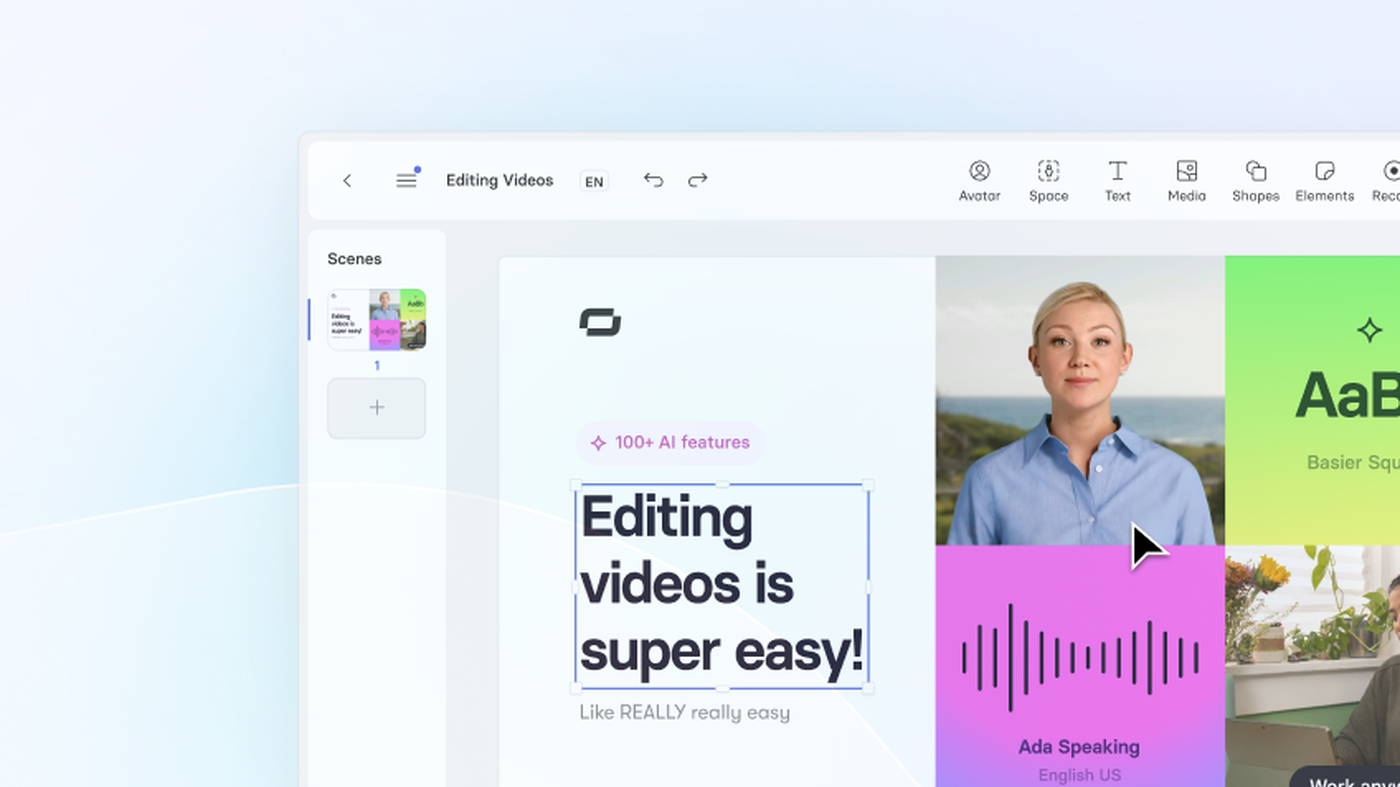 Synthesia video editor: Scenes, avatar, text, and Ada Speaking