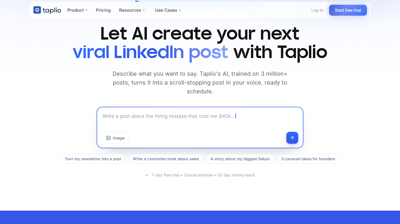 Taplio homepage composer: write a post about the hiring mistake prompt and Image chip