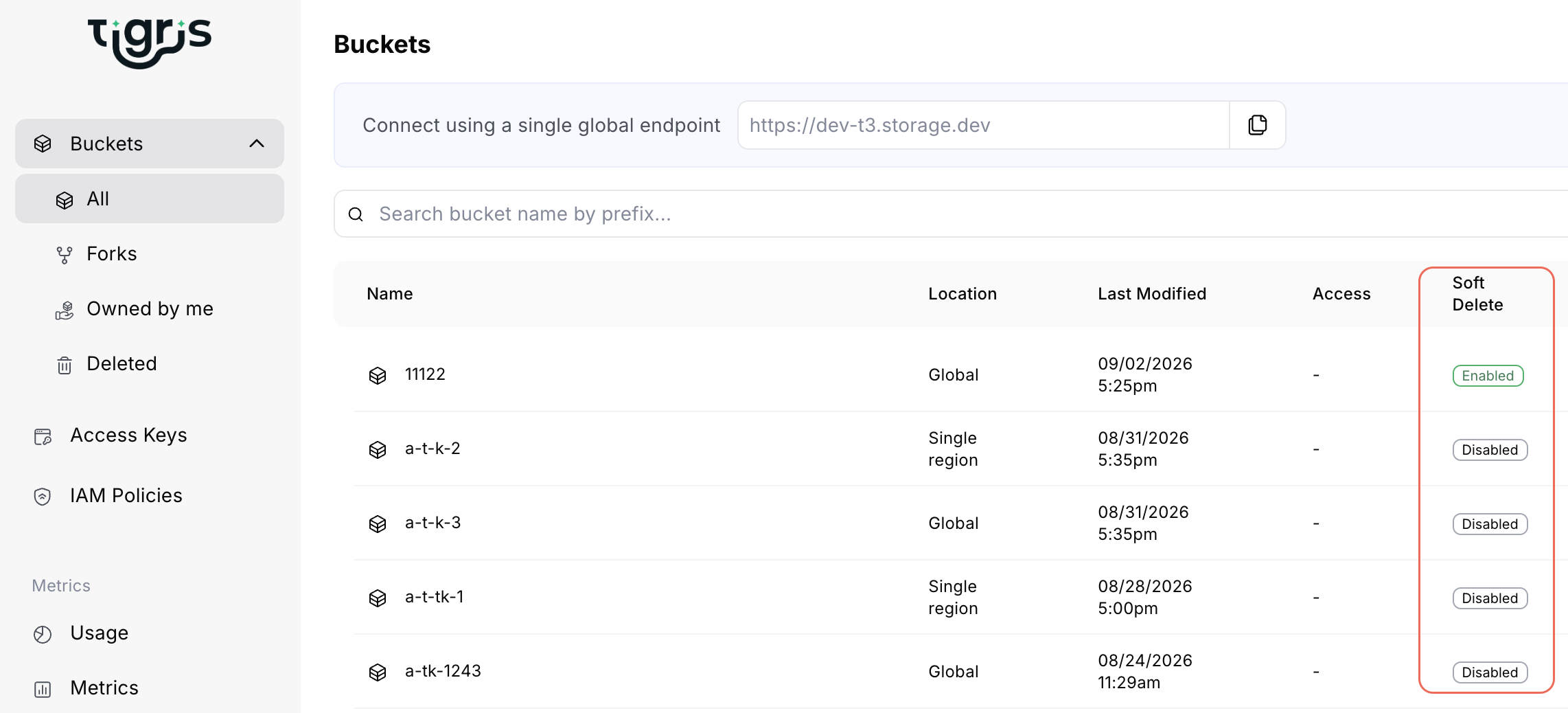 Tigris Buckets list: five buckets, locations, Soft Delete column