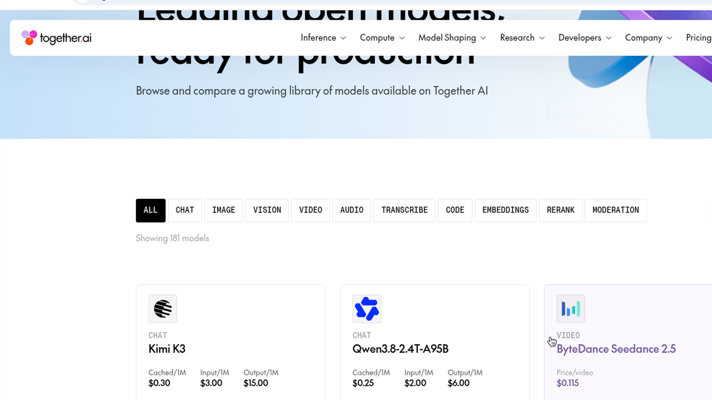 Together AI models catalog with Kimi K3 and Qwen serverless $/1M cards
