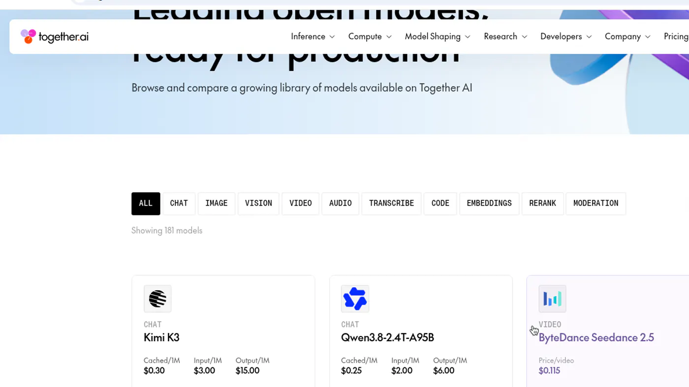 Together AI models catalog with Kimi K3 and Qwen serverless $/1M cards