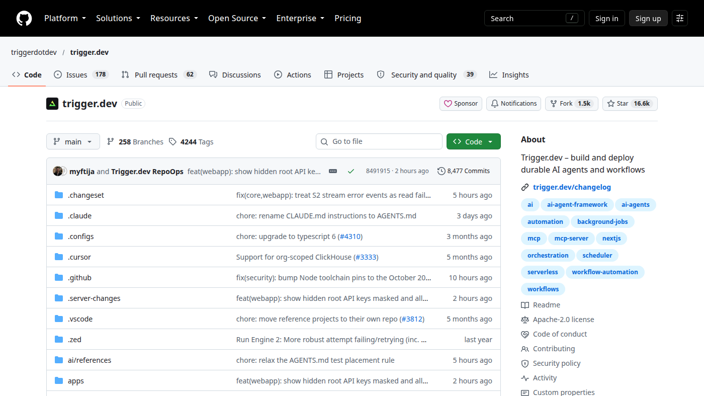 triggerdotdev/trigger.dev GitHub file list: apps, docker, durable AI agents, Apache-2.0