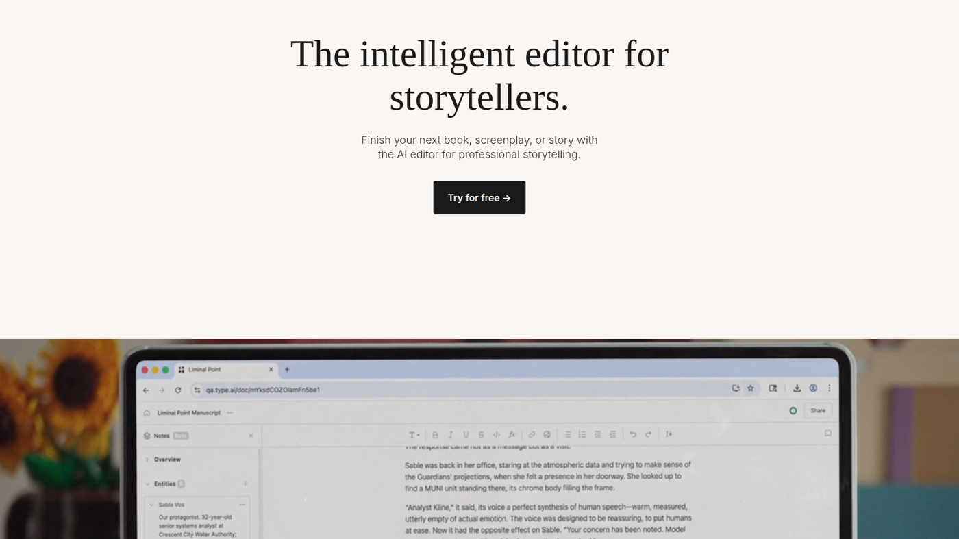 Type.ai homepage laptop editor: Liminal Point manuscript with Notes and Entities