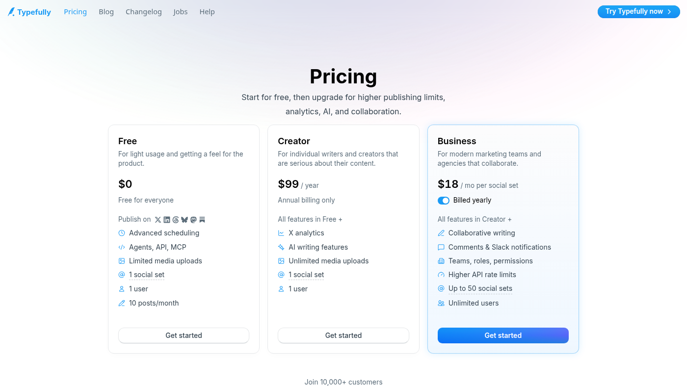 Typefully official plans: Free $0, Creator $99/year, Business $18/mo per social set