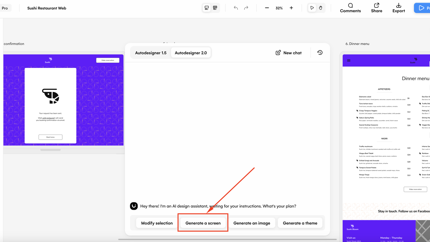 Uizard Autodesigner 2.0 on Sushi Restaurant Web with Generate a screen
