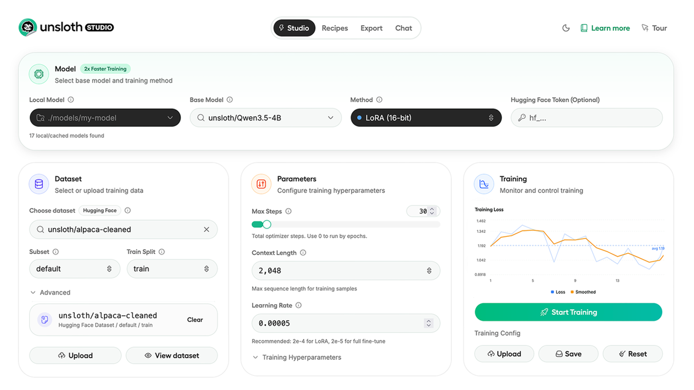 Unsloth Studio: model, dataset, hyperparameters, and Start Training
