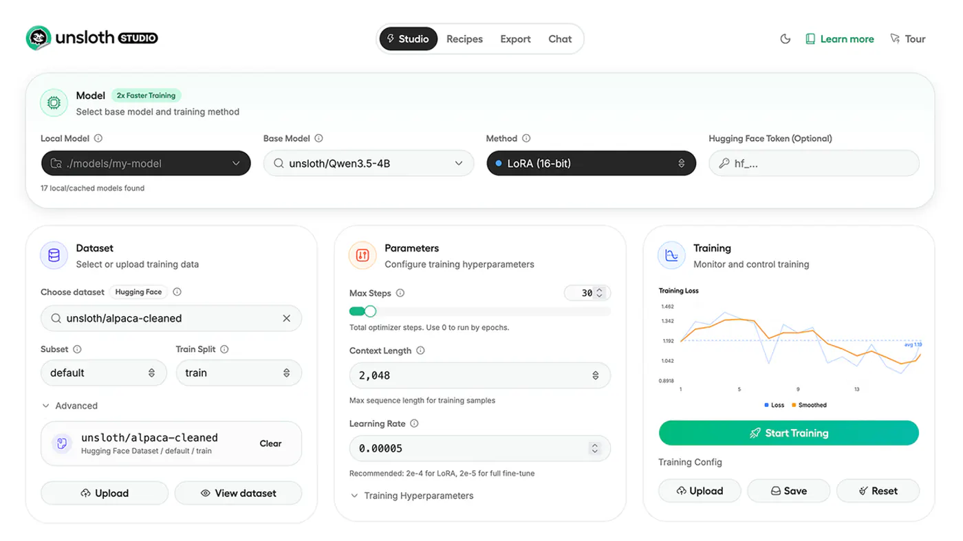 Unsloth Studio: model, dataset, hyperparameters, and Start Training