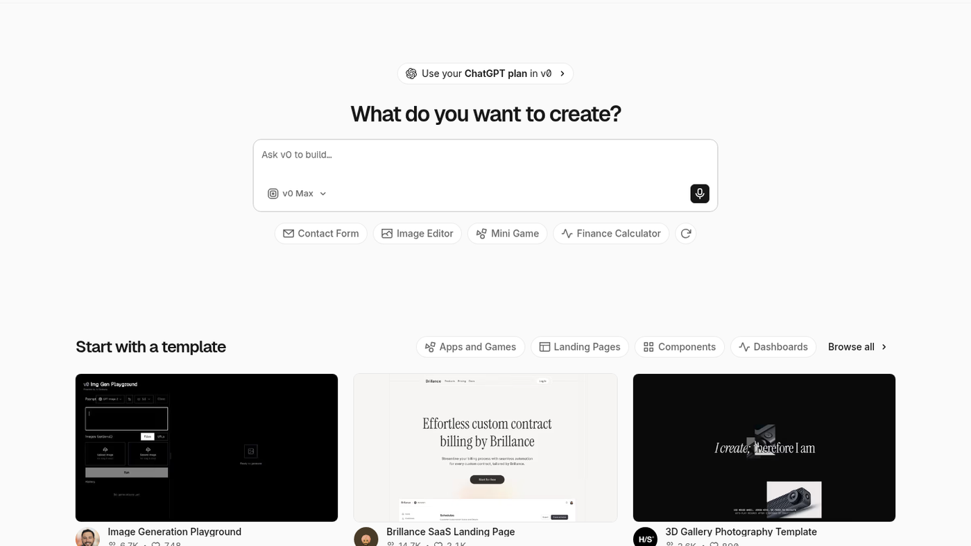 v0 signed-out composer: What do you want to create? plus templates