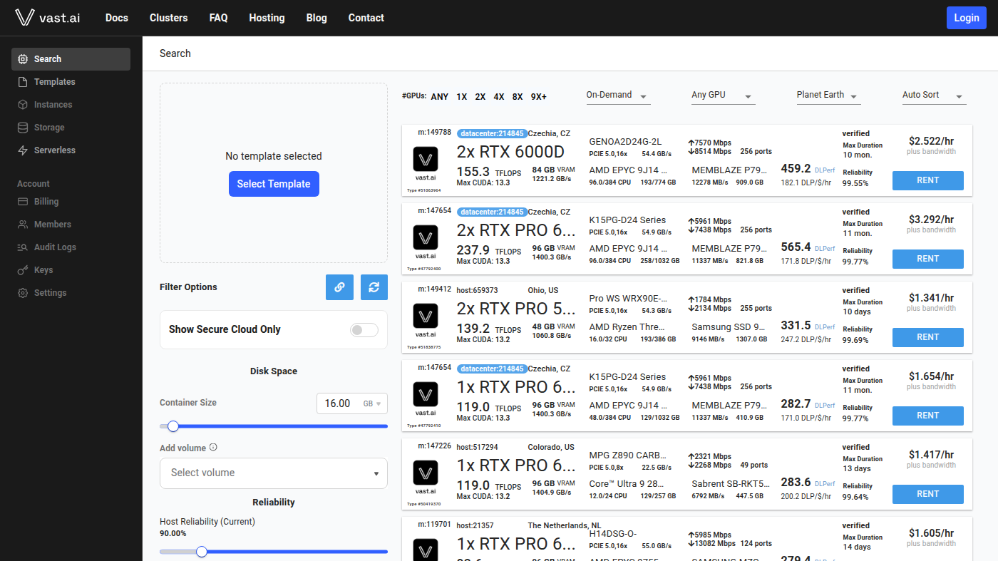 Vast.ai Create console: live GPU offers with $/hr and Rent buttons