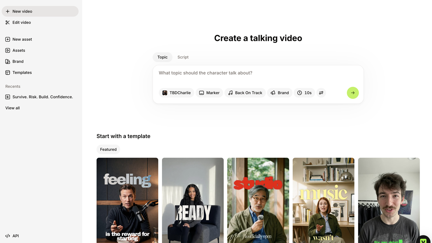 VEED dashboard: Create a talking video composer and Featured talking-head templates