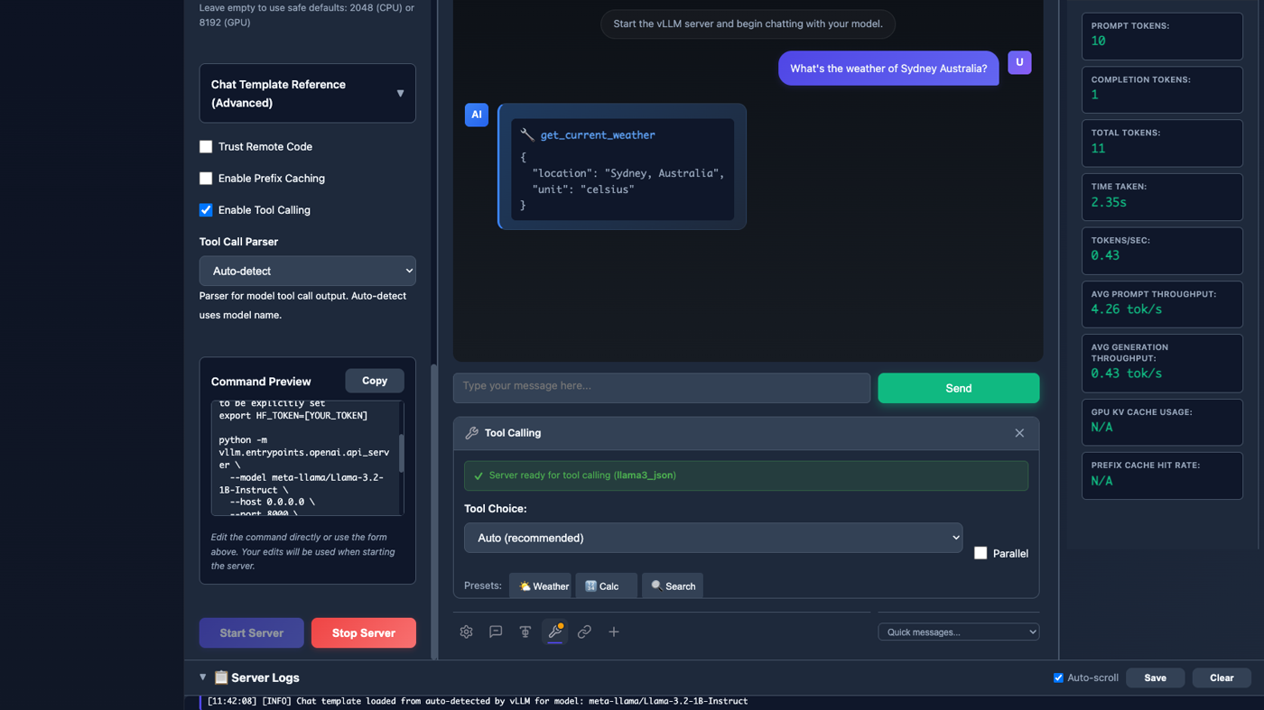 vLLM Playground: tool-calling chat, Start Server, and tok/s sidebar