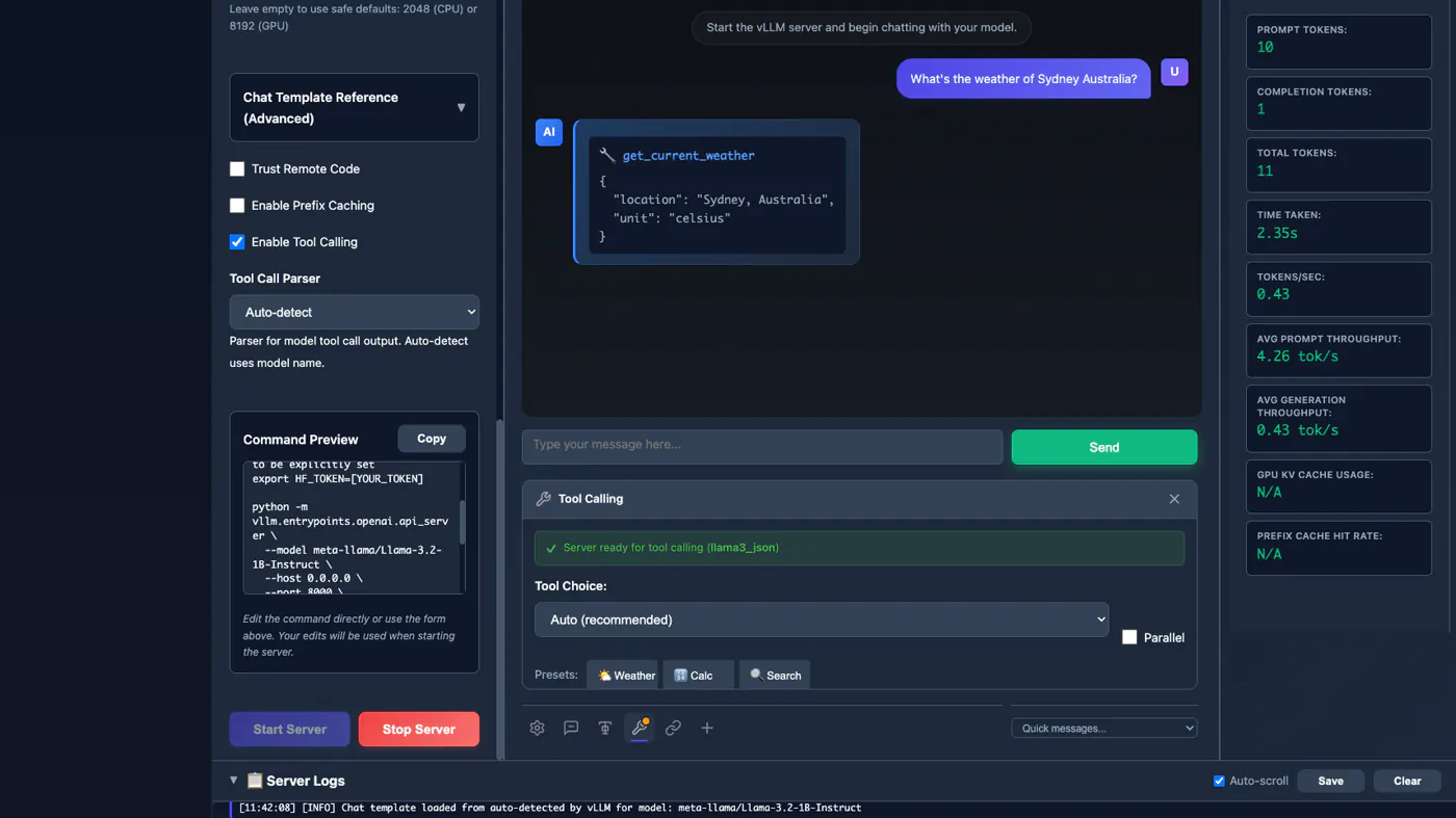 vLLM Playground: tool-calling chat, Start Server, and tok/s sidebar