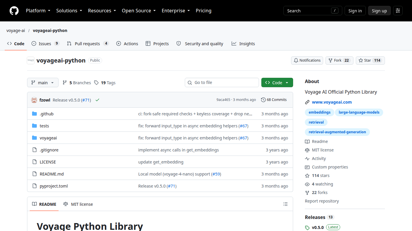 voyage-ai/voyageai-python GitHub file list: voyageai folder, MIT in About
