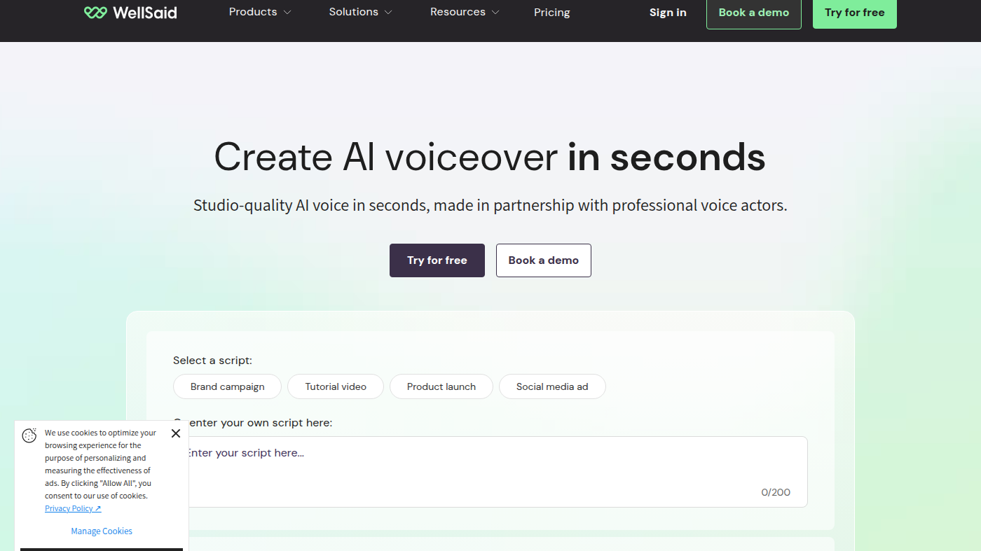 WellSaid studio composer: script, voice actor, style, and Play