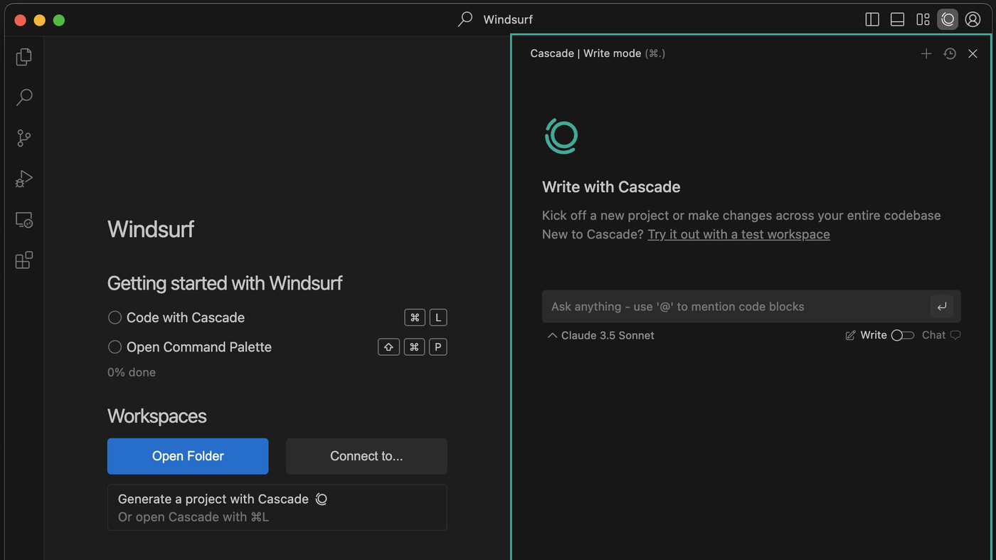 Windsurf Cascade Write mode next to Open Folder workspace