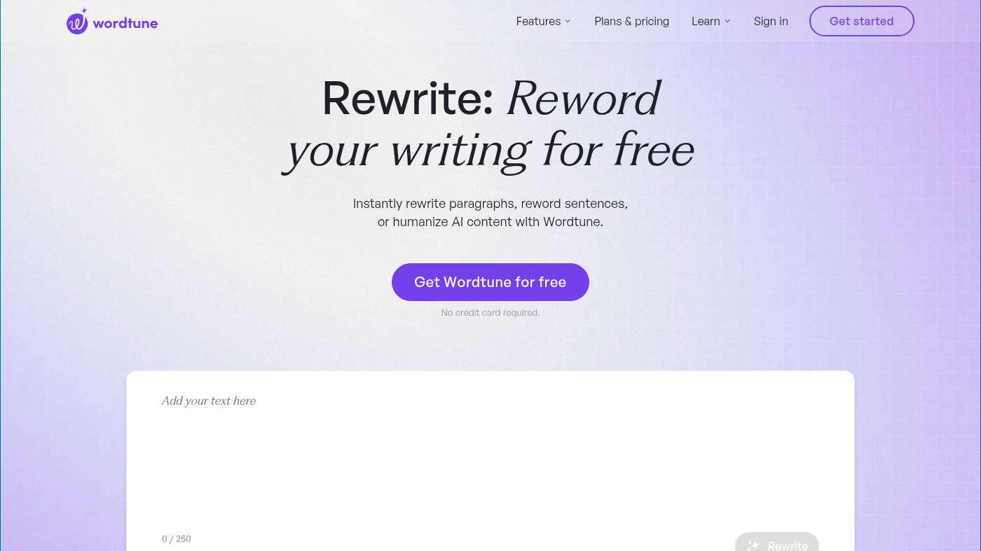 Wordtune Rewrite composer: Add your text here and Rewrite