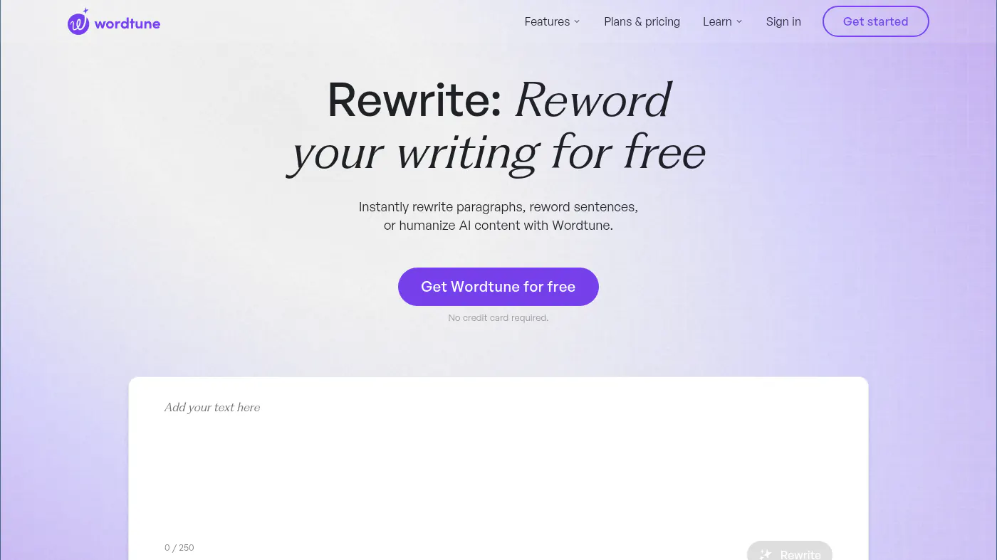 Wordtune Rewrite composer: Add your text here and Rewrite