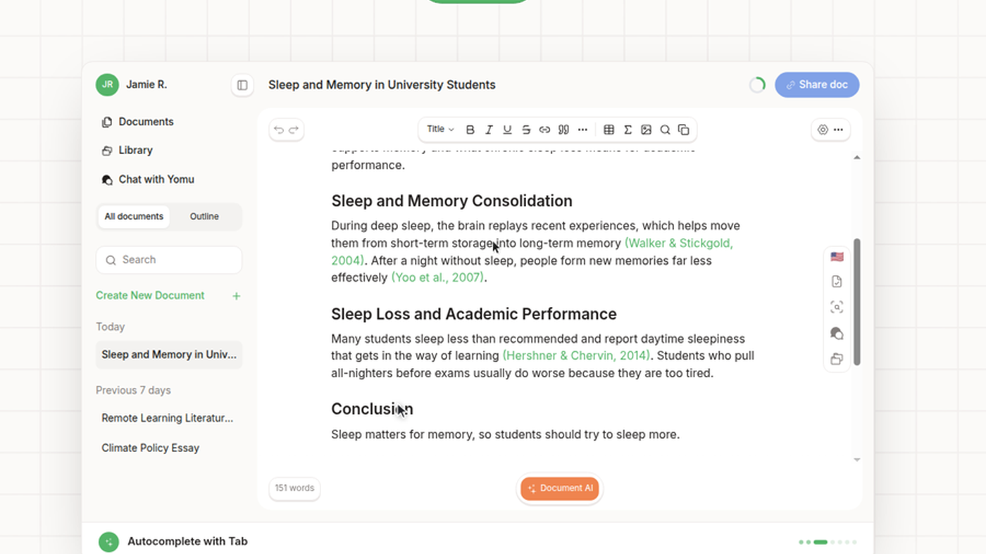 Yomu editor workspace: Documents / Library / Chat, cited Sleep and Memory draft, Document AI