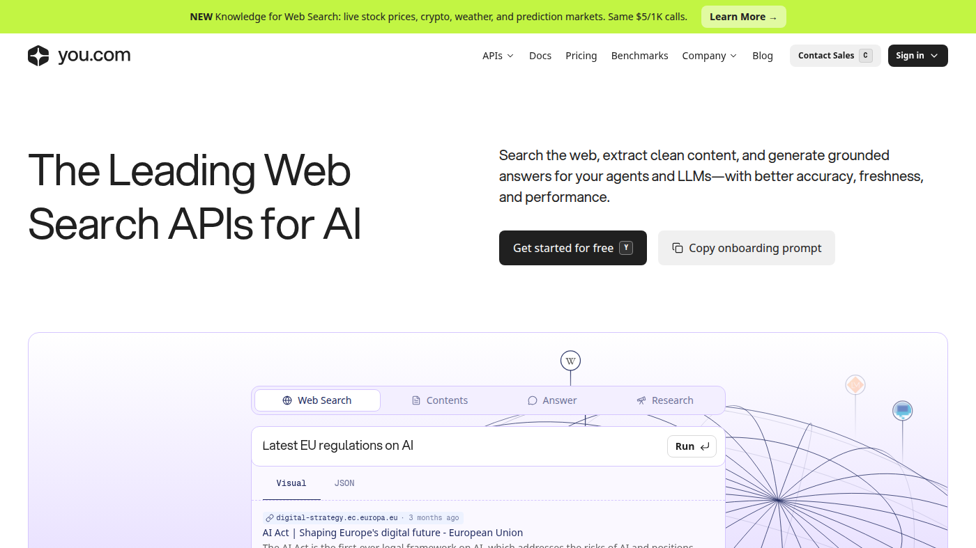 You.com Web Search API playground with Run and cited result