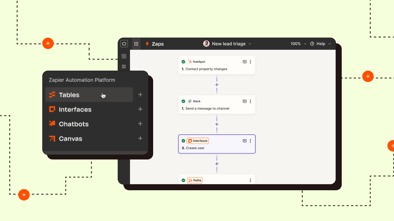 Zapier visual editor: New lead triage from HubSpot into Slack, Interface, and Paths Zapier visual editor: New lead triage from HubSpot into Slack, Interface, and Paths