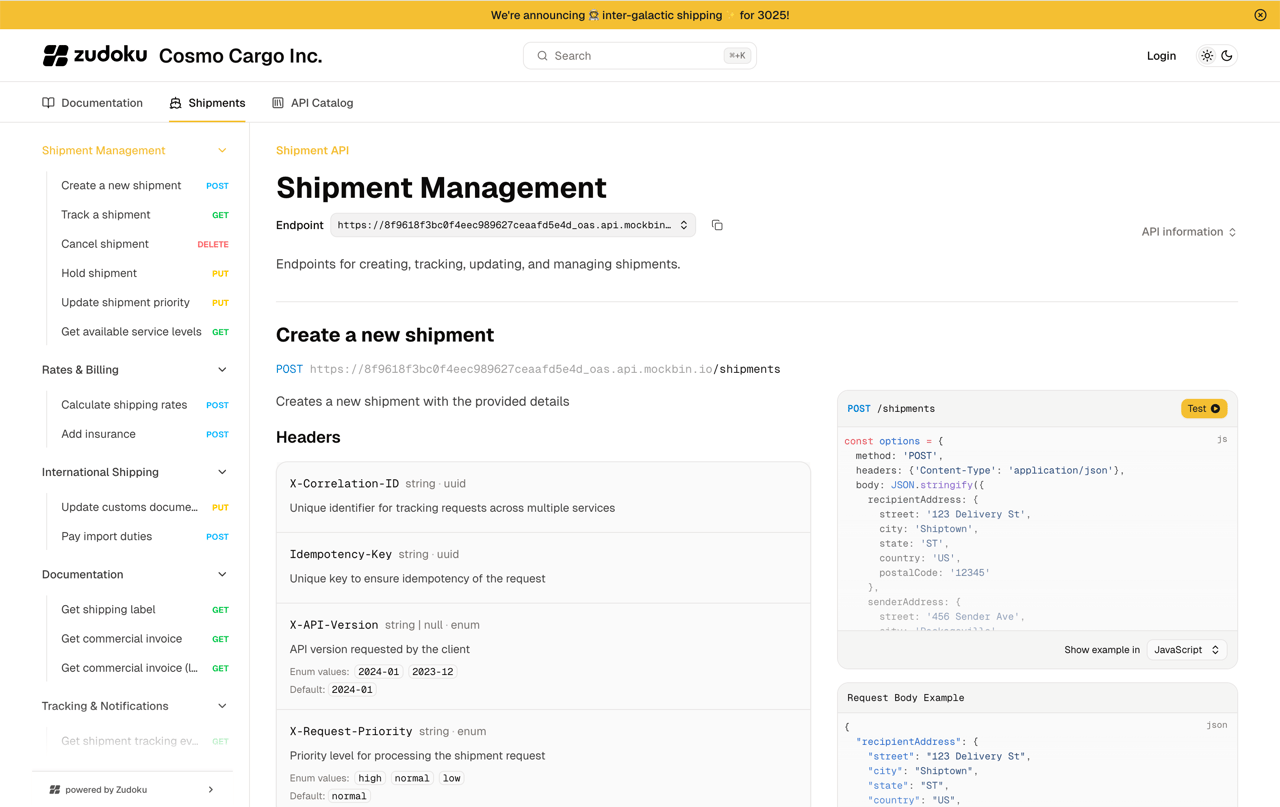 Zuplo Developer Portal: CosmoCargo docs with Try it on authenticated routes